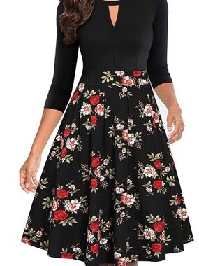 YATHON Women's Floral Flared A-Line Swing Casual Dress w/Pockets Sz M